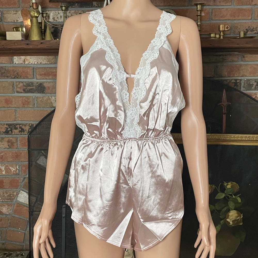 Elegant Pink Lace Trim Satin Romper
